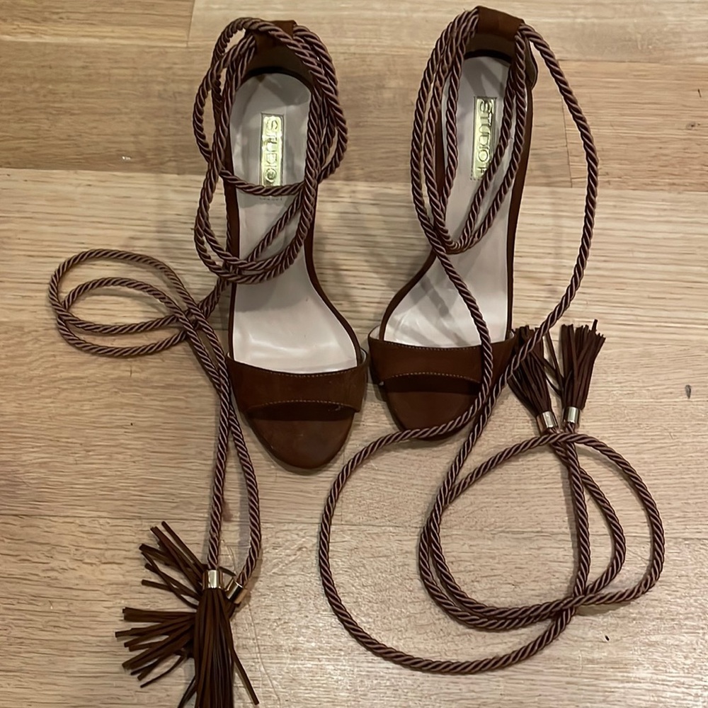 Brown suede-like tie heels